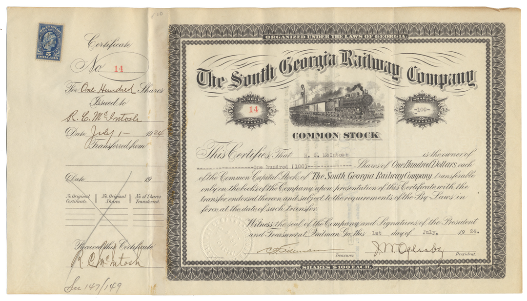 South Georgia Railway Company Stock Certificate