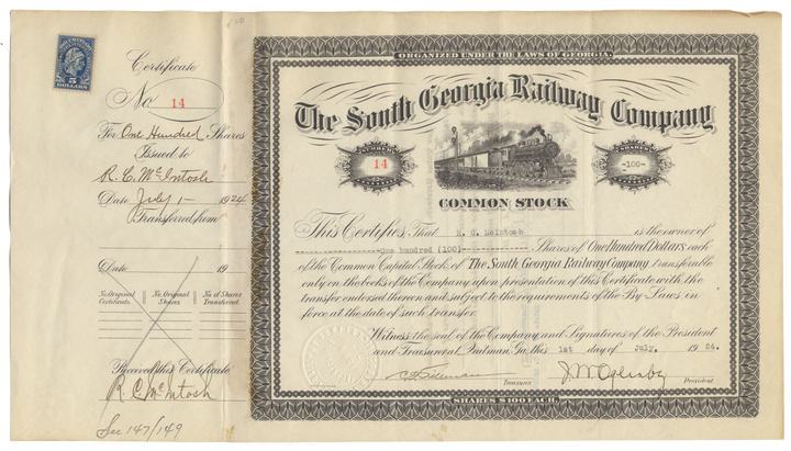 South Georgia Railway Company Stock Certificate