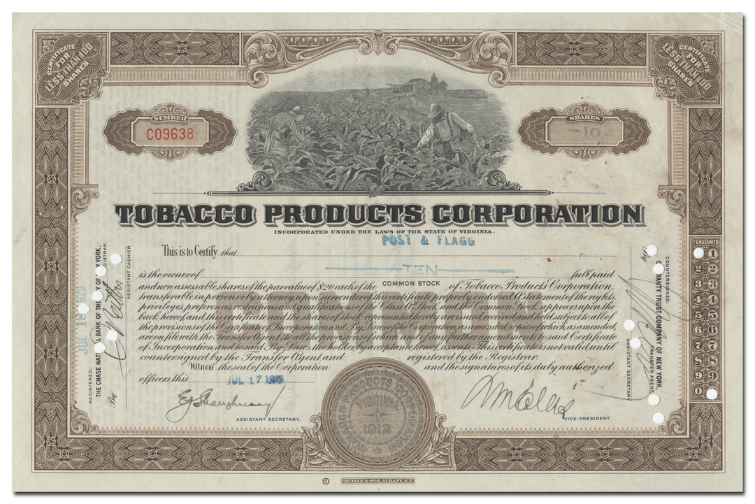 Tobacco Products Corporation Stock Certificate