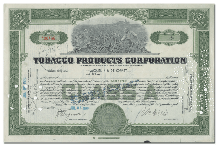 Tobacco Products Corporation Stock Certificate