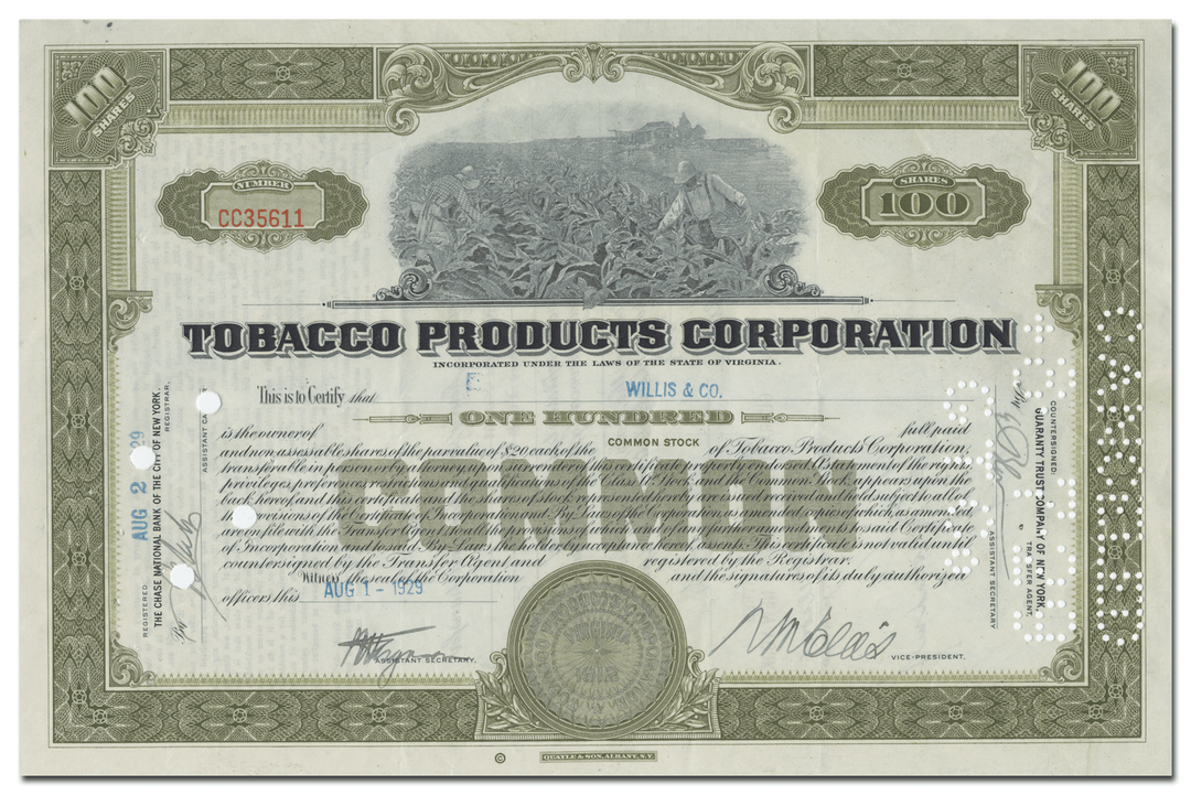 Tobacco Products Corporation Stock Certificate