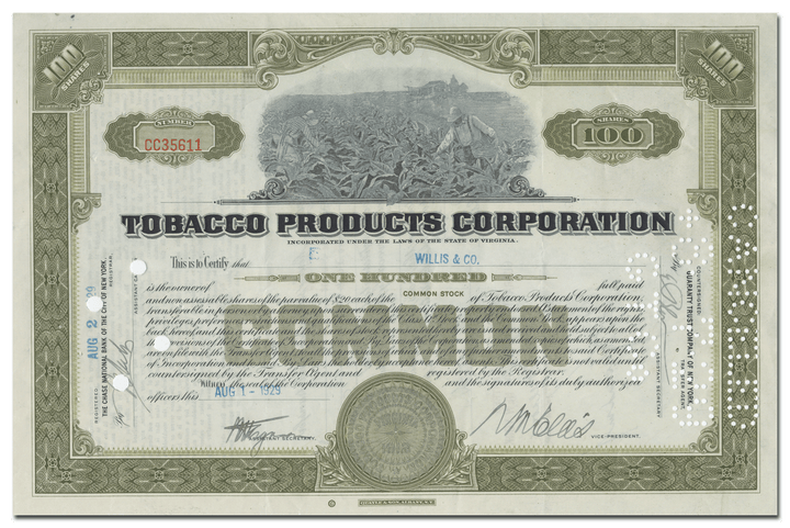 Tobacco Products Corporation Stock Certificate