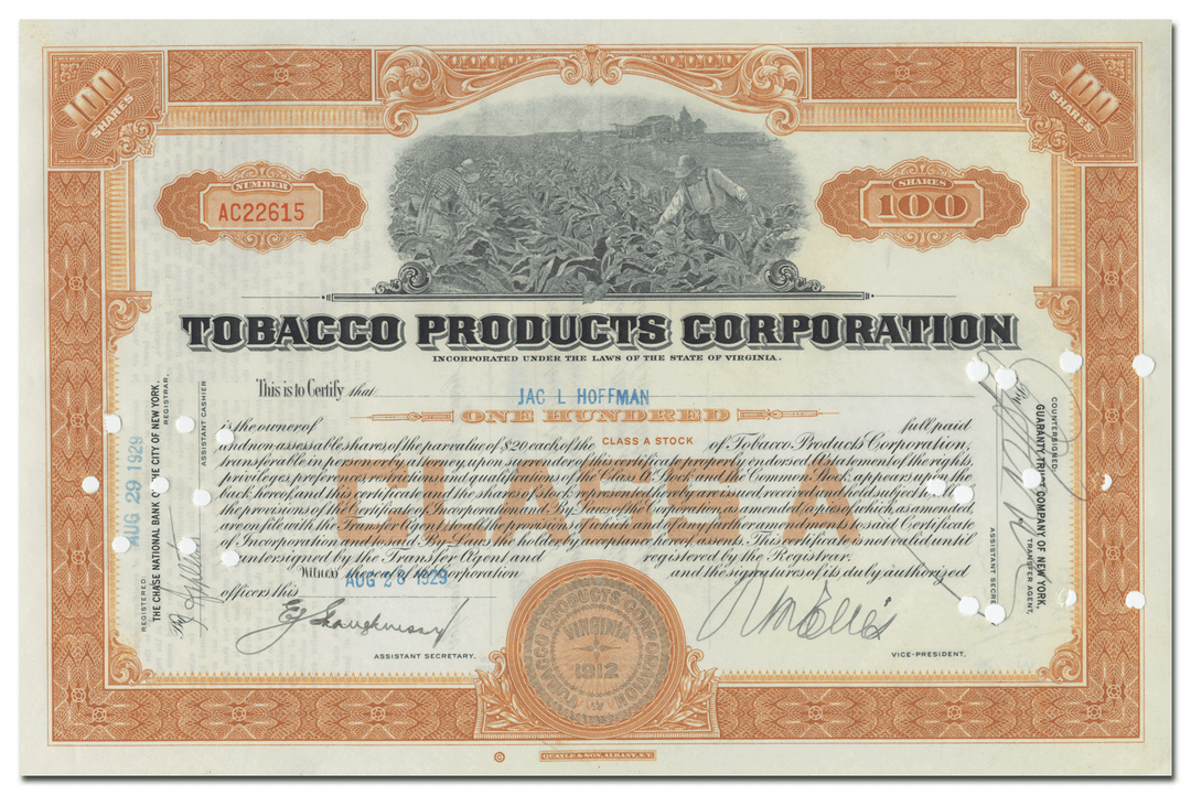 Tobacco Products Corporation Stock Certificate