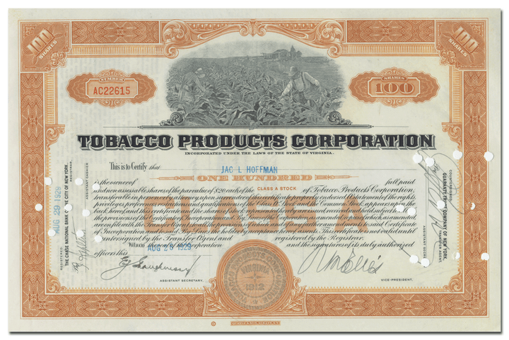 Tobacco Products Corporation Stock Certificate