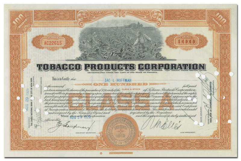 Tobacco Products Corporation Stock Certificate