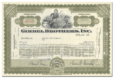 Gimbel Brothers, Inc. Stock Certificate