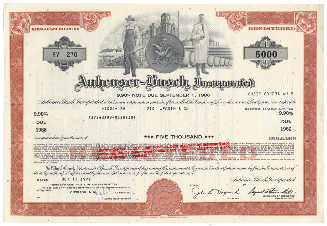 Anheuser-Busch Inc. Bond Certificate