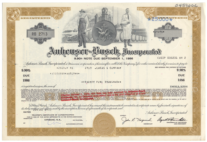 Anheuser-Busch Inc. Bond Certificate