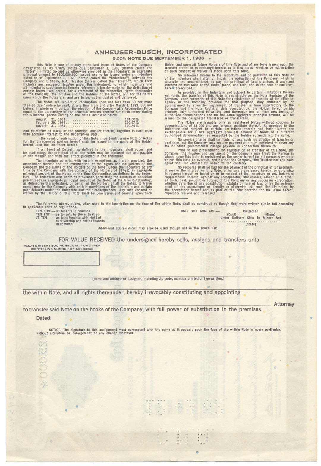 Anheuser-Busch Inc. Bond Certificate