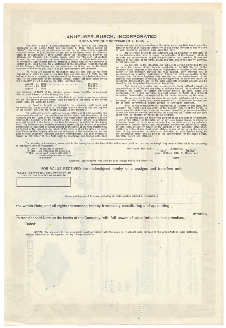 Anheuser-Busch Inc. Bond Certificate