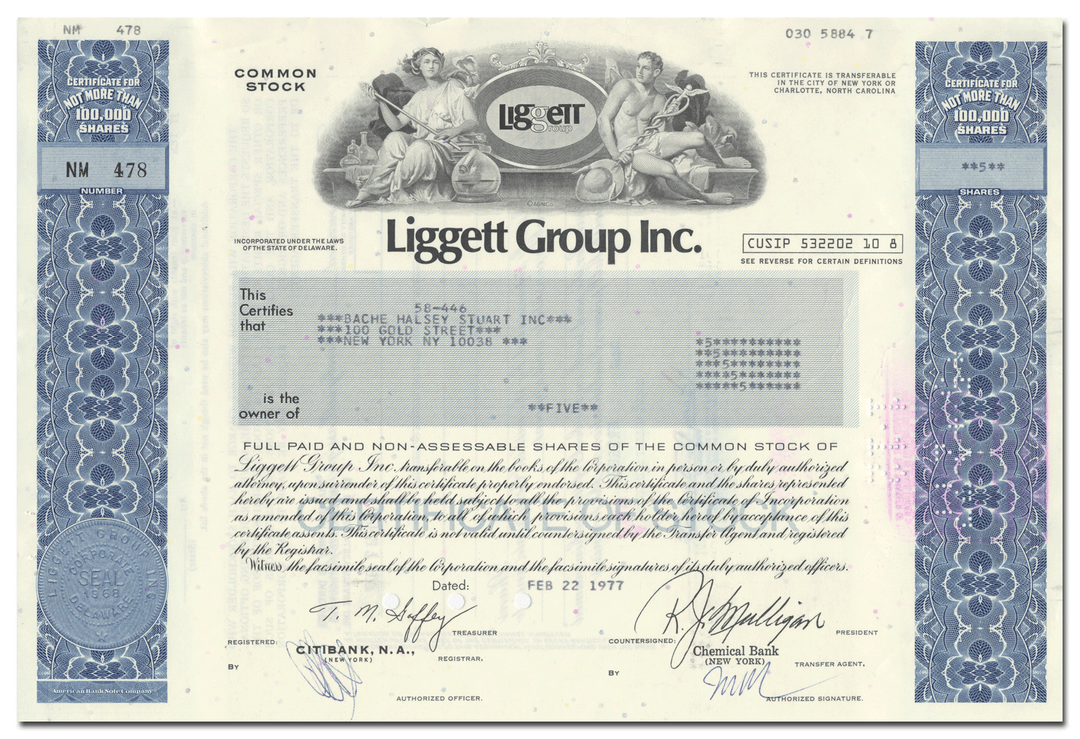 Liggett Group Inc. Stock Certificate