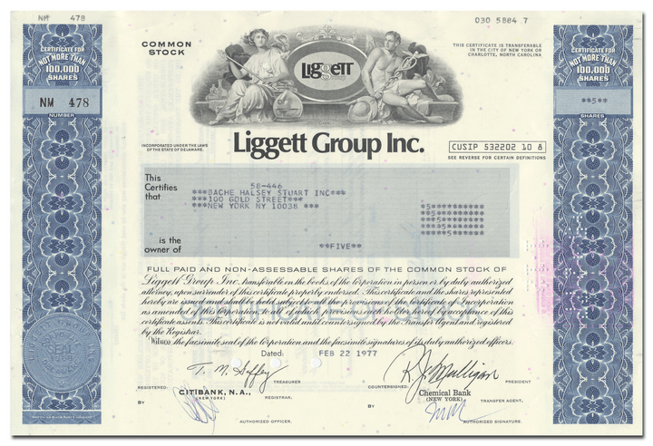 Liggett Group Inc. Stock Certificate