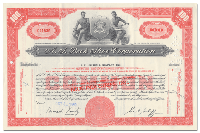 A. S. Beck Shoe Corporation Stock Certificate