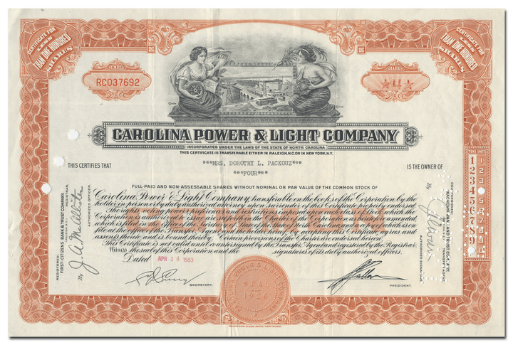 Carolina Power & Light Company Stock Certificate