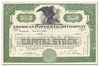 American Power & Light Company Stock Certificate