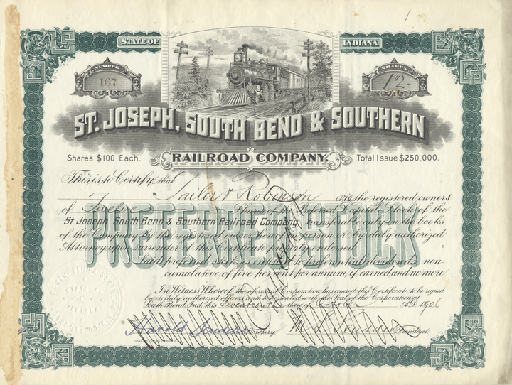 St. Joseph, South Bend & Southern Railroad Company Stock Certificate