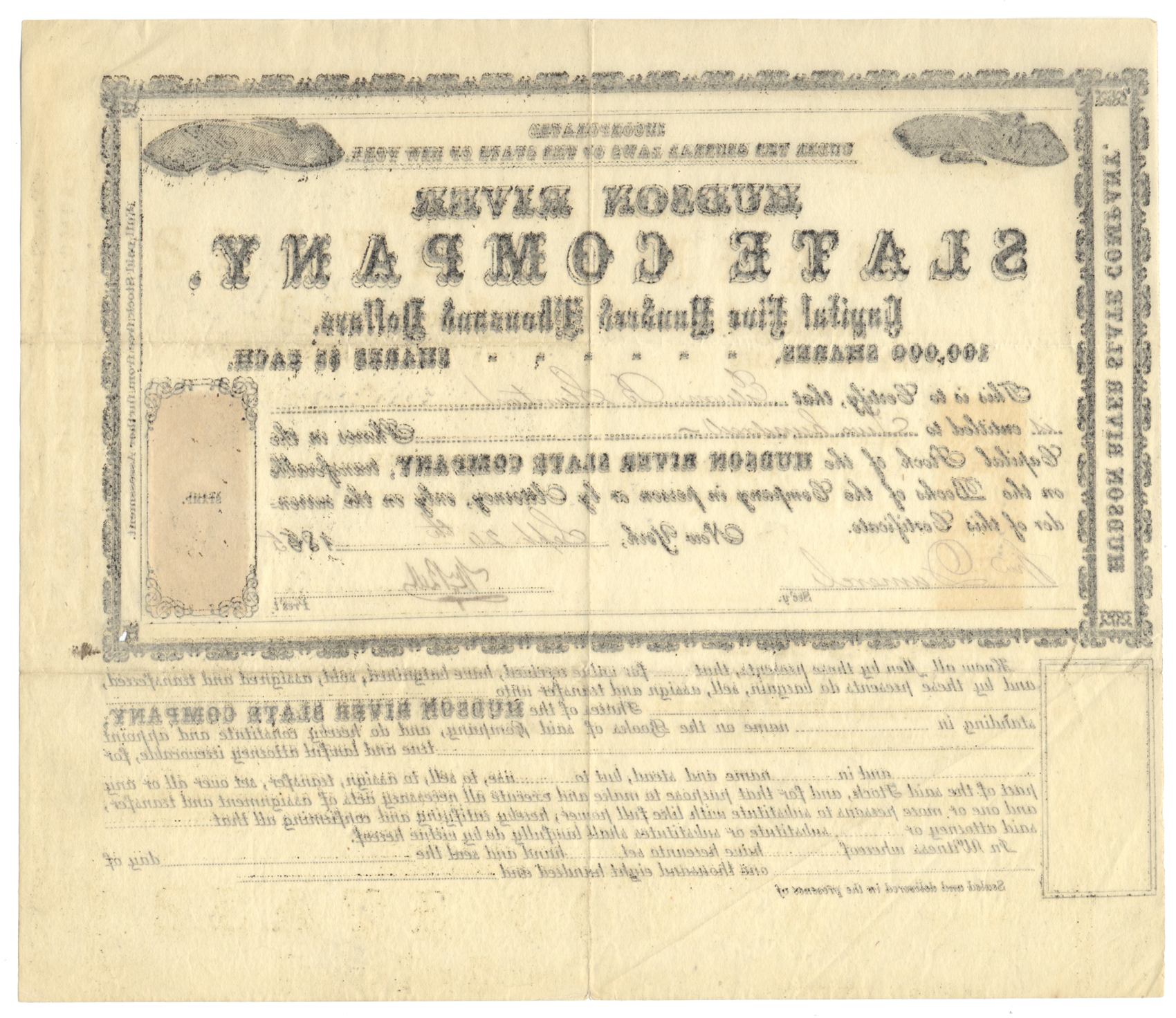 Hudson River Slate Company Stock Certificate