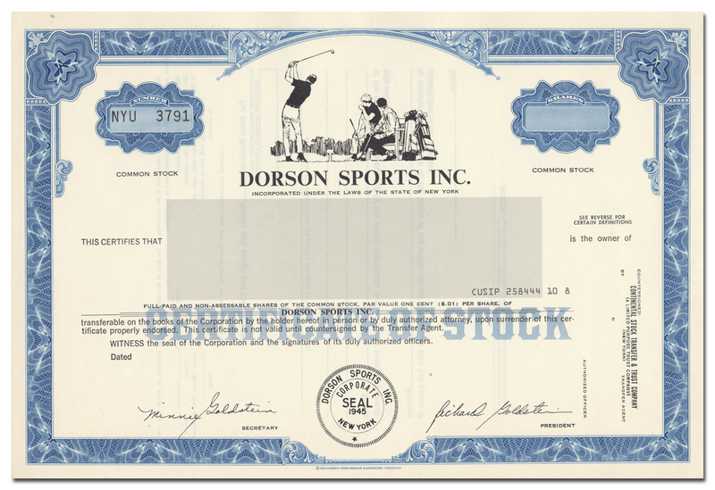Dorson Sports Inc. Stock Certificate