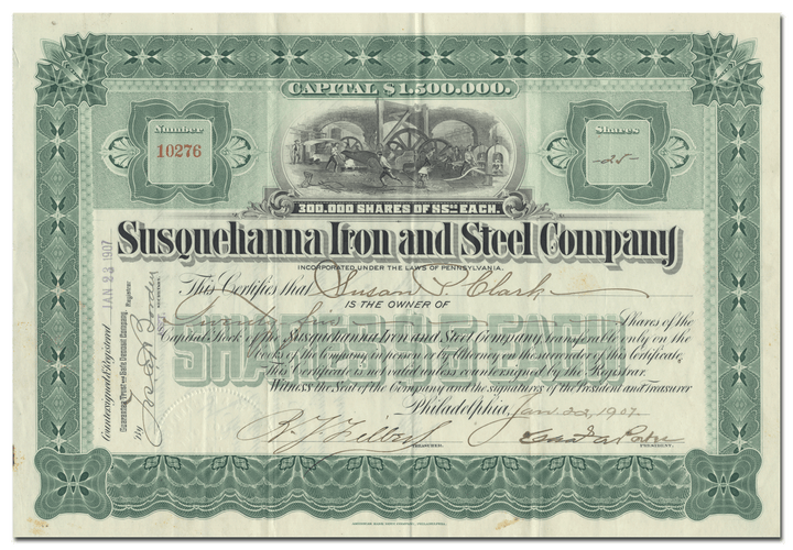 Susquehanna Iron and Steel Company Stock Certificate