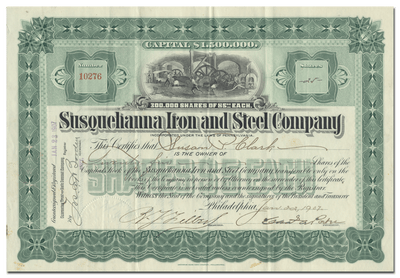 Susquehanna Iron and Steel Company Stock Certificate