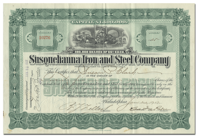 Susquehanna Iron and Steel Company Stock Certificate
