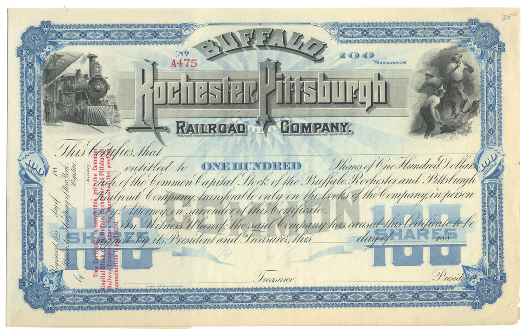 Buffalo, Rochester and Pittsburgh Railway Company Stock Certificate