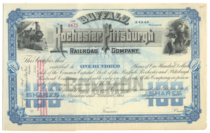 Buffalo, Rochester and Pittsburgh Railway Company Stock Certificate