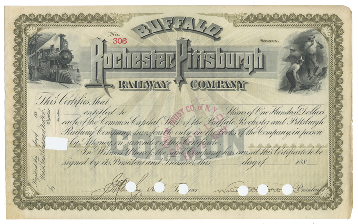 Buffalo, Rochester and Pittsburgh Railway Company Stock Certificate