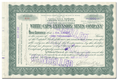 White Caps Extension Mines Company Stock Certificate