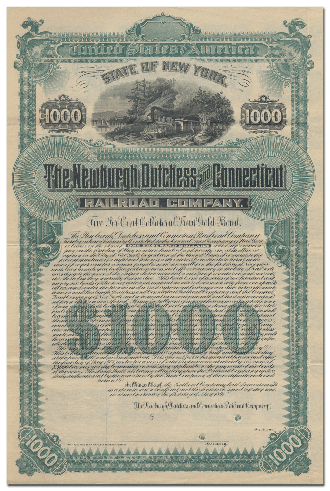 Newburgh, Dutchess and Connecticut Railroad Company Specimen Bond Certificate