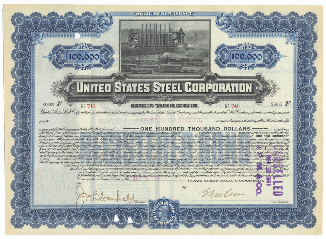 United States Steel Corporation Bond Certificate Issued to Andrew Carnegie