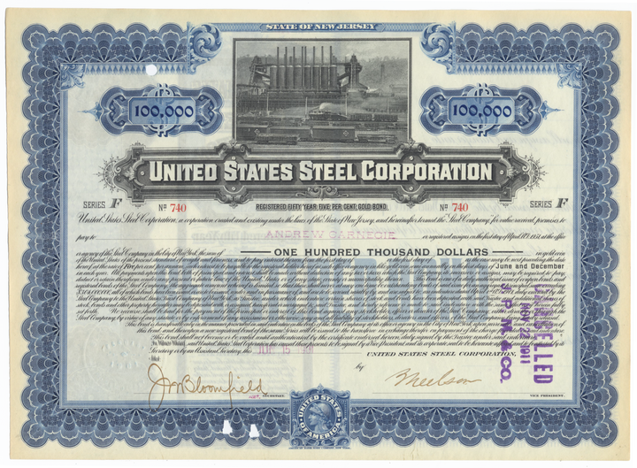 United States Steel Corporation Bond Certificate Issued to Andrew Carnegie