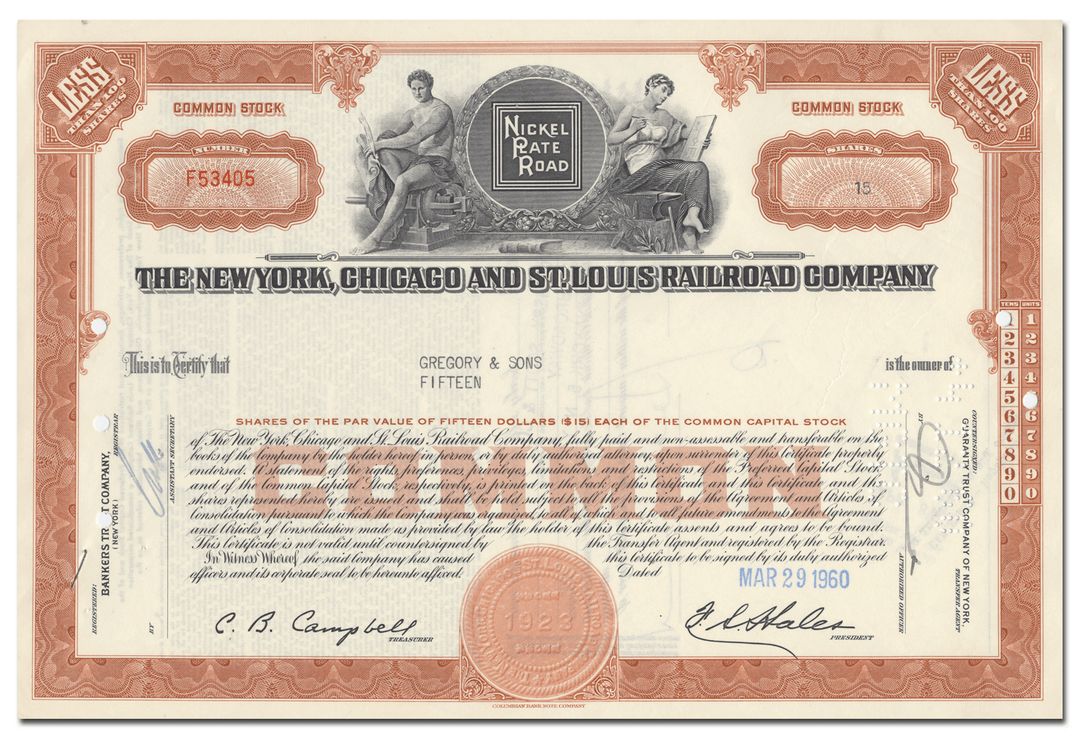 New York, Chicago and St. Louis Railroad Company Stock Certificate