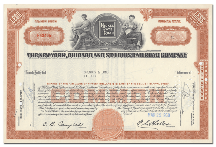 New York, Chicago and St. Louis Railroad Company Stock Certificate