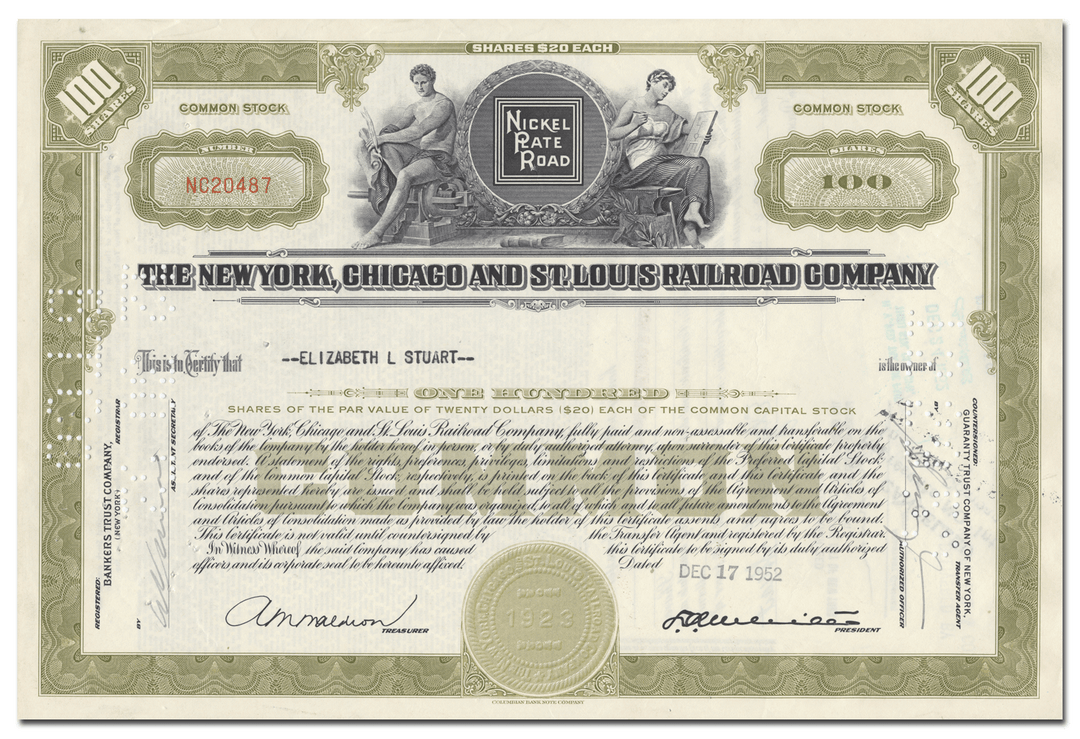 New York, Chicago and St. Louis Railroad Company Stock Certificate