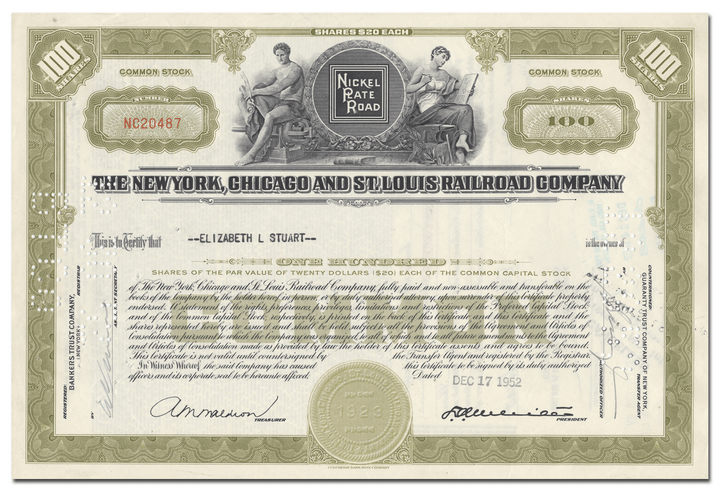 New York, Chicago and St. Louis Railroad Company Stock Certificate