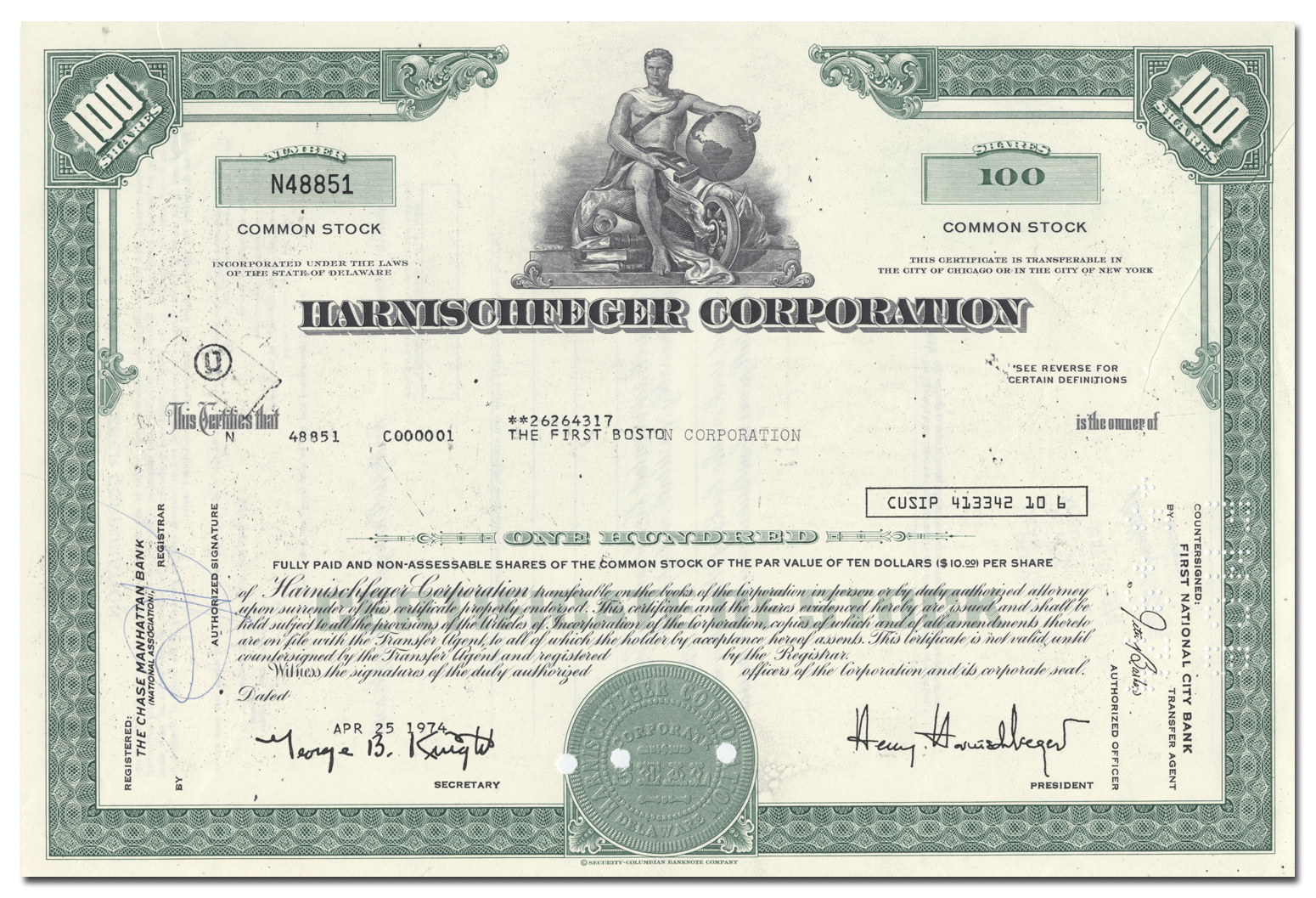 Harnischfeger Corporation Stock Certificate - Ghosts of Wall Street