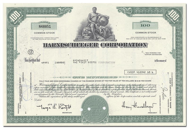 Harnischfeger Corporation Stock Certificate