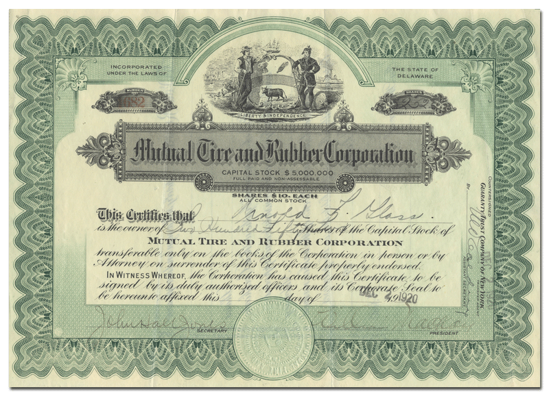 Mutual Tire and Rubber Corporation Stock Certificate
