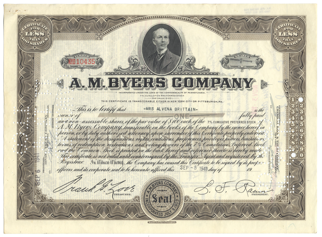 A. M. Byers Company Stock Certificate