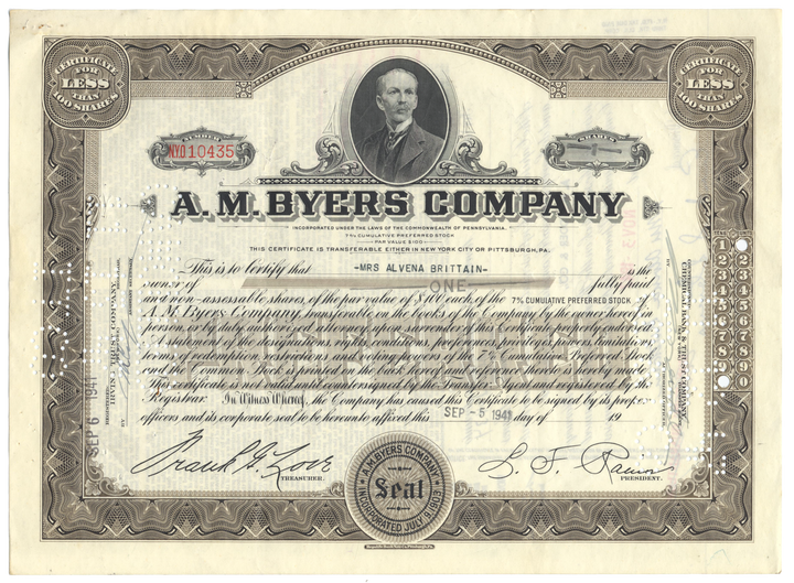 A. M. Byers Company Stock Certificate