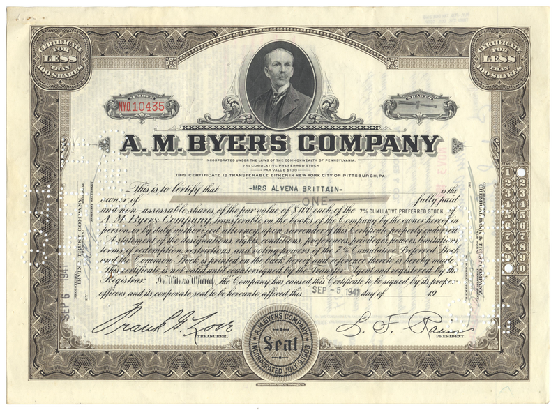 A. M. Byers Company Stock Certificate
