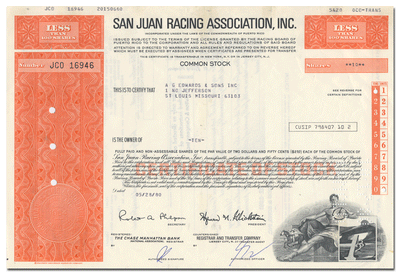 San Juan Racing Association, Inc. Stock Certificate