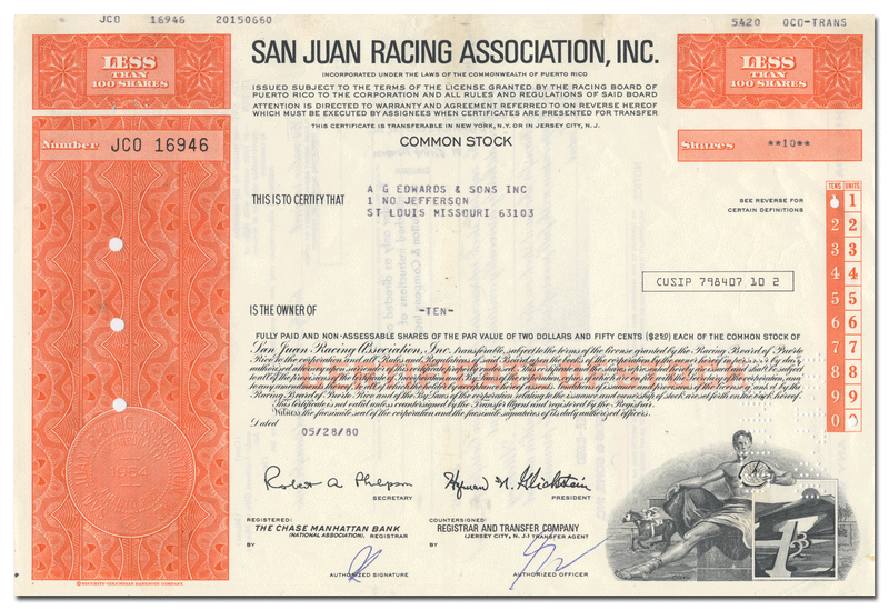 San Juan Racing Association, Inc. Stock Certificate