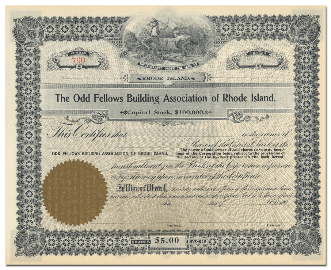 Odd Fellows Building Association of Rhode Island Stock Certificate