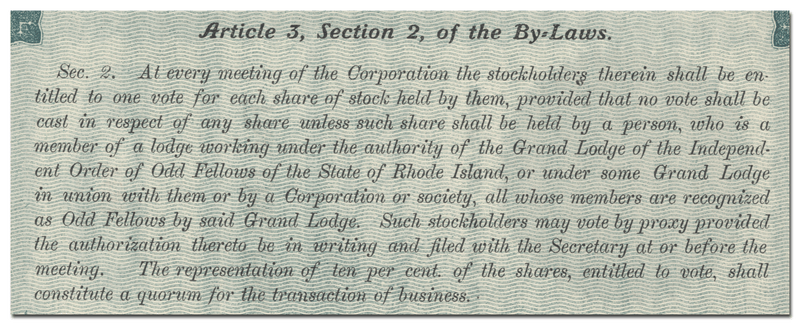 Odd Fellows Building Association of Rhode Island Stock Certificate (By-Laws)