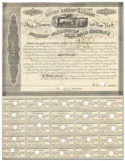 Rutland & Washington Railroad Company Bond Certificate Signed by Erastus Corning