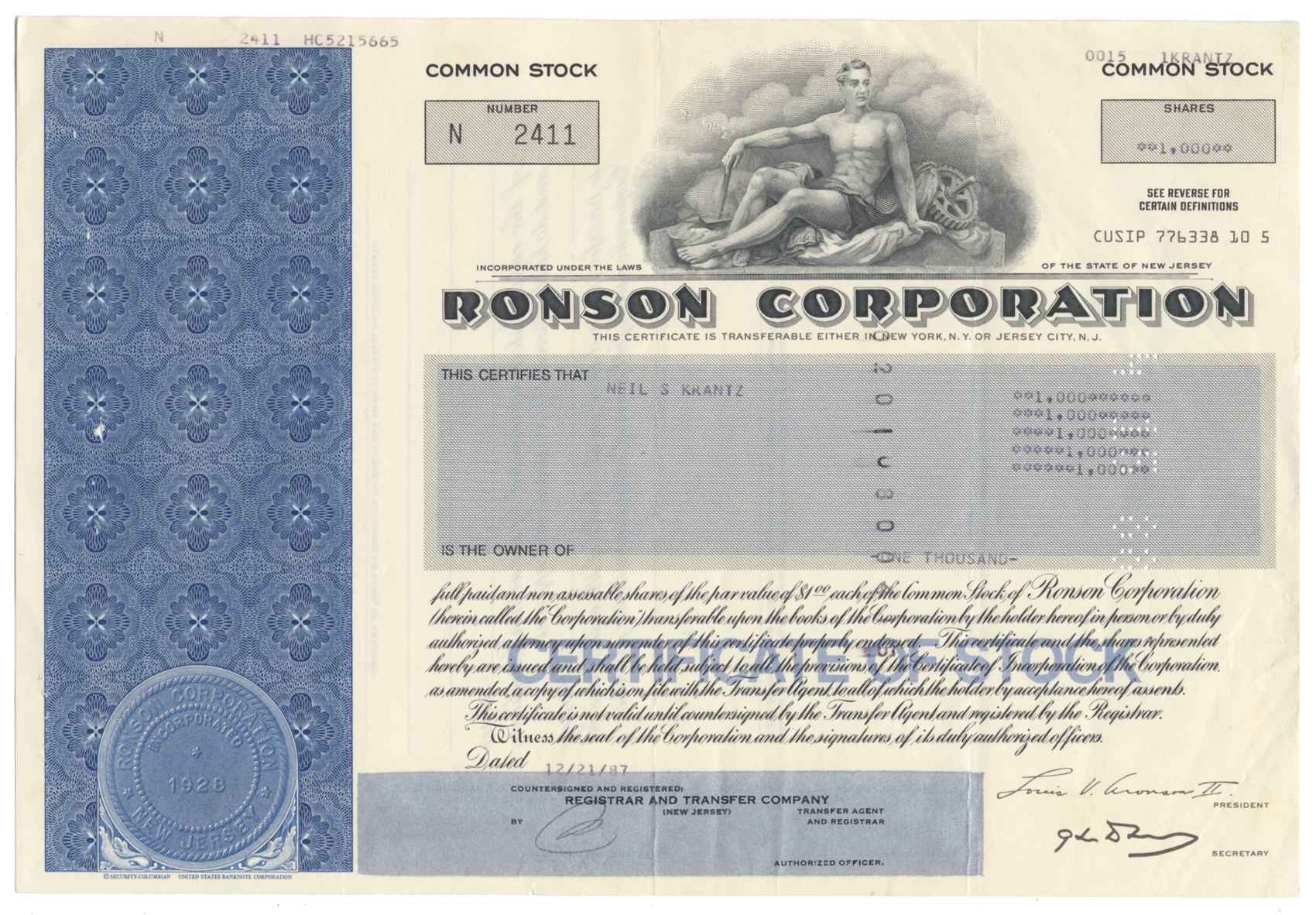 Ronson Corporation Stock Certificate