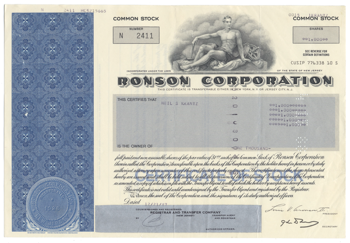 Ronson Corporation Stock Certificate