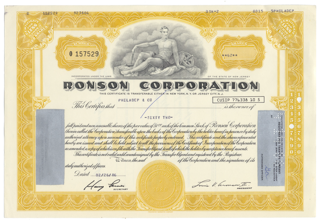 Ronson Corporation Stock Certificate